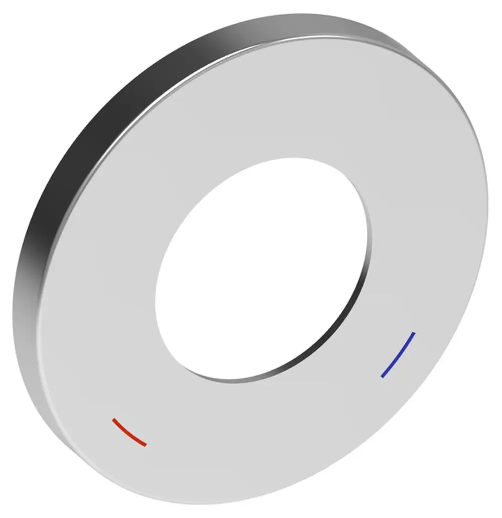 Runde Rosette aus Metall mit einer zentralen Öffnung. An der äußeren Kante befinden sich rot und blau markierte Linien. Das Produkt stammt von der Marke Keuco.